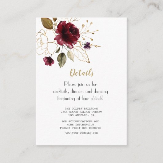 お洒落ブルゴーニュ金ゴールド結婚花詳細 エンクロージャーカード (正面)