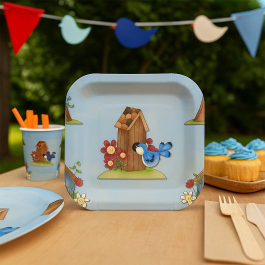 お洒落ブルーバードアンドバードハウスかわいい春 ペーパープレート