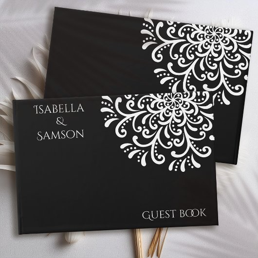 お洒落ホワイトオンブラックフローリッシュ結婚ズ ゲストブック