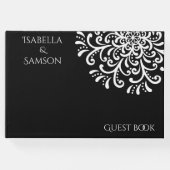 お洒落ホワイトオンブラックフローリッシュ結婚ズ ゲストブック (正面)