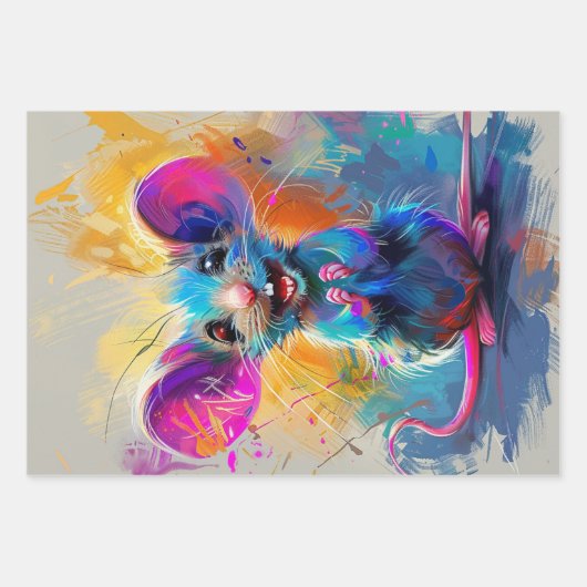 お洒落マウス、ヴィンテージバード、オージー絵を描ドリップ ラッピングペーパーシート (正面3)