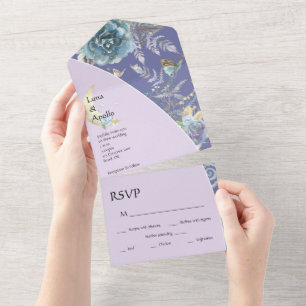 お洒落ムーン結婚パープル オールインワン招待状