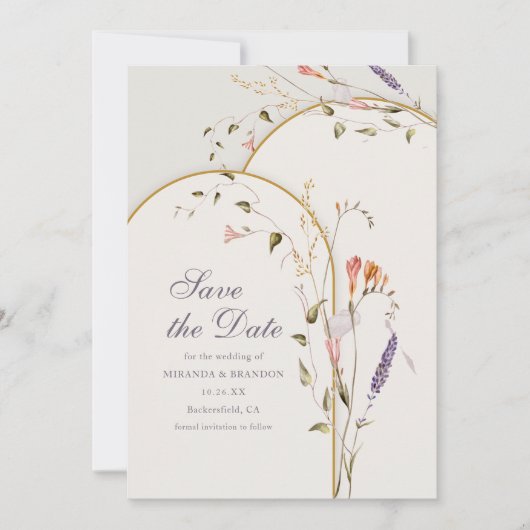 お洒落モダンフローラボホの結婚式の日付を保存 招待状 (正面)