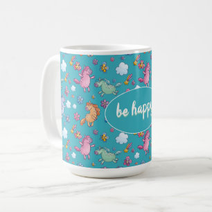 お洒落ユニコーンと明るいかわいらし花 コーヒーマグカップ