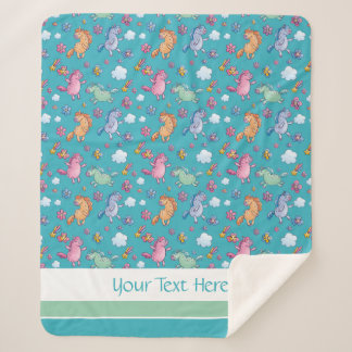 お洒落ユニコーンと明るいかわいらし花 シェルパブランケット