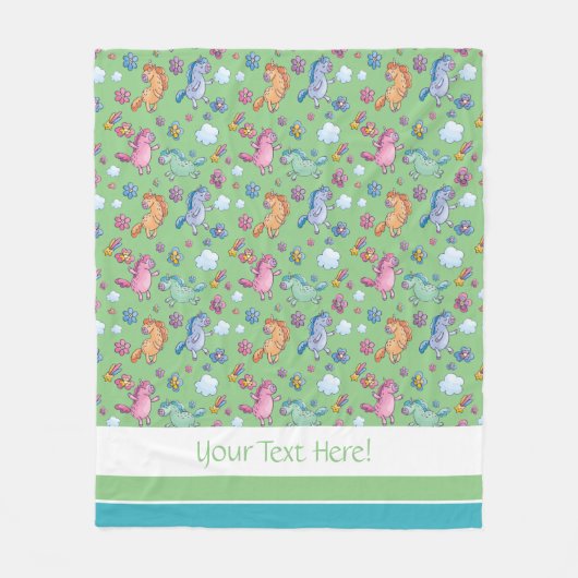 お洒落ユニコーンと明るいかわいらし花 フリースブランケット (正面)
