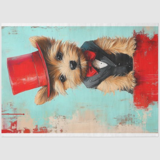 お洒落ヨークシャーテリア犬、赤い弓タイAT2デコップドッグ 薄葉紙 (正面)