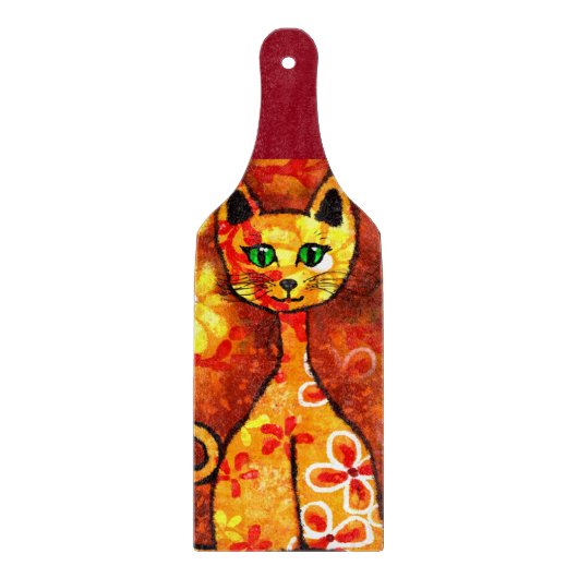 お洒落レトロキティ猫オレンジレッドフローラ黄 カッティングボード (正面)