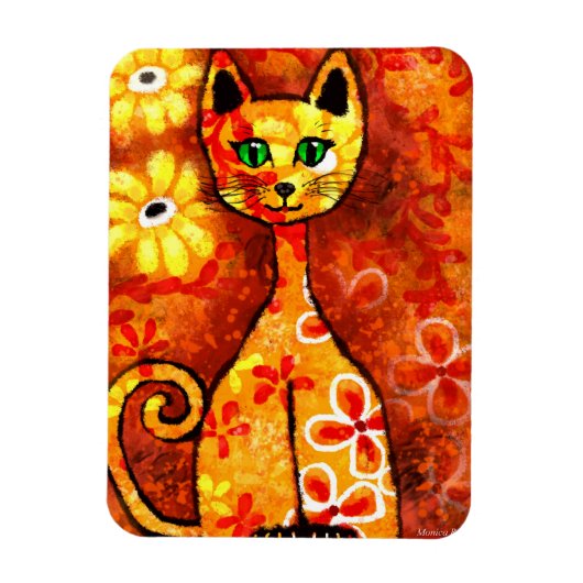 お洒落レトロキティ猫抽象芸術アートオレンジ マグネット (縦)