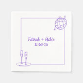 お洒落レトロディスコパーソナライズされたパープル結婚ズ スタンダードカクテルナプキン (正面)