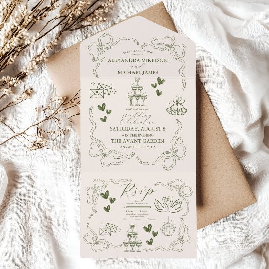 お洒落レトロドードル結婚アート オールインワン招待状