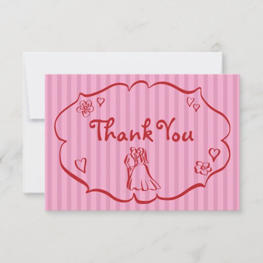 お洒落レトロ手描きピンクレッドストライプ結婚 サンキューカード (正面)