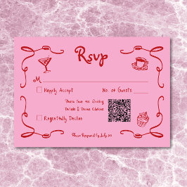 お洒落レトロ手描きピンクレッド結婚のQR 出欠カード