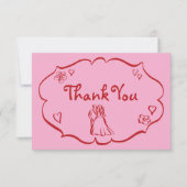 お洒落レトロ手描きピンクレッド結婚ズ サンキューカード (正面)