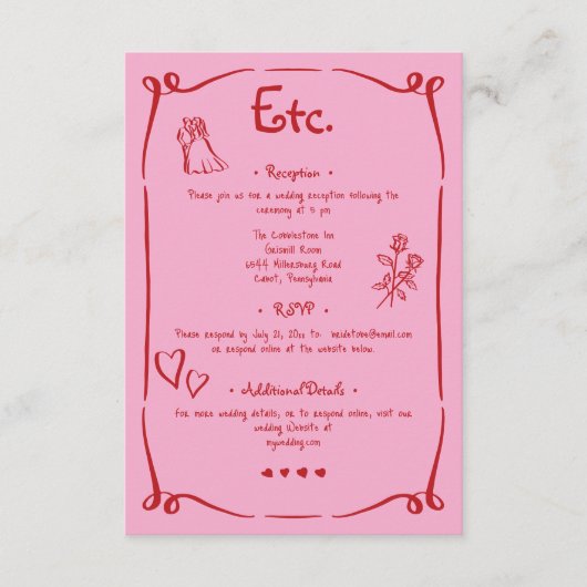 お洒落レトロ手描きピンクレッド結婚詳細 エンクロージャーカード (正面)