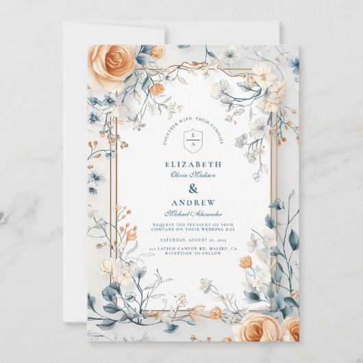 お洒落ヴィンテージフローラ結婚シダ 招待状 (正面)