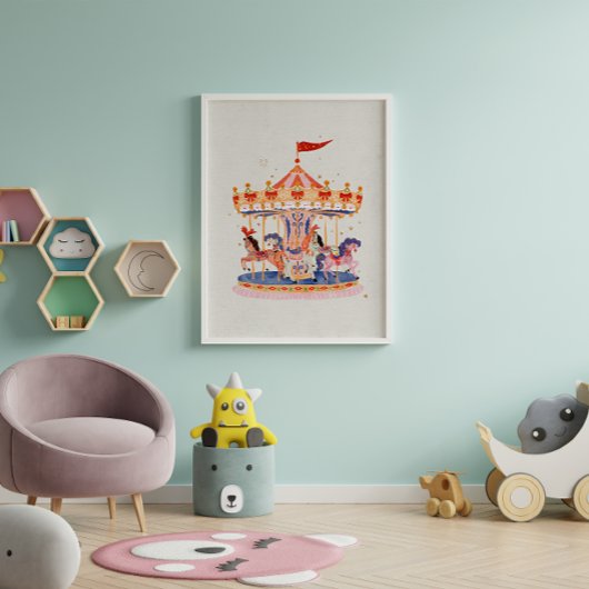 お洒落ヴィンテージ回転木馬の水色 ポスター
