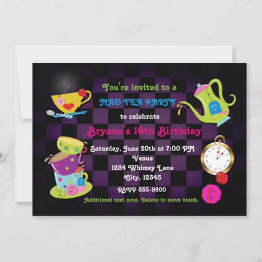 お洒落不機嫌お茶パーティー誕生日パーティーの招待 招待状 (裏面)