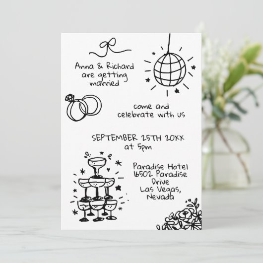 お洒落予測できな図解入りの、写真付きのおもしろい結婚ズ 招待状 (スタンド正面)