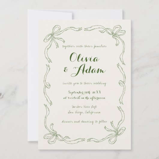お洒落予測できな手引き緑の弓結婚の 招待状 (正面)