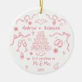 お洒落初めてのクリスマス結婚した手描きドードル セラミックオーナメント (正面)
