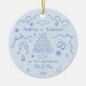 お洒落初めてのクリスマス結婚した手描きドードル セラミックオーナメント (正面)