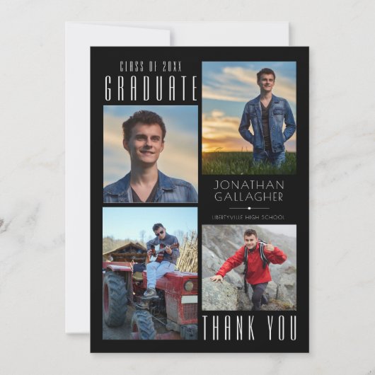 お洒落卒業ミニマル後4枚の写真ブラック サンキューカード (正面)