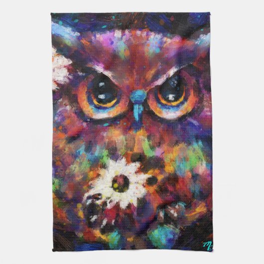 お洒落印象派フローラ絵画フクロウ キッチンタオル (縦)