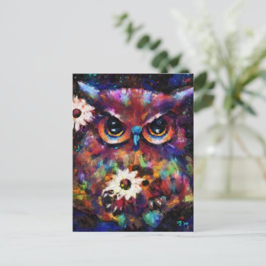 お洒落印象派フローラ絵画フクロウ ポストカード (スタンド正面)