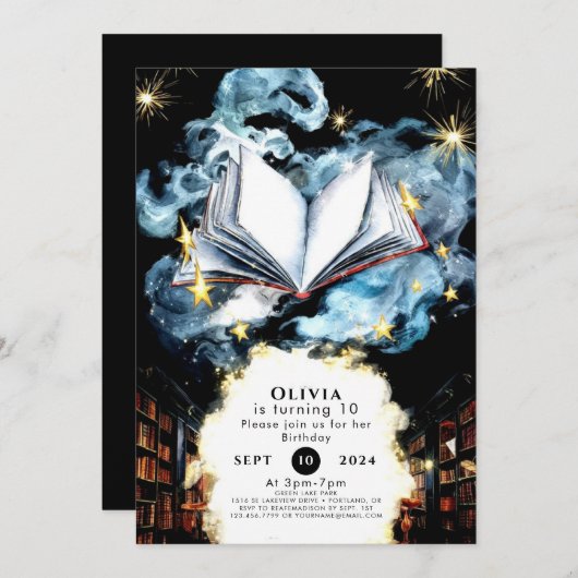 お洒落図書魔法ストーリーブック誕生日 招待状 (正面/裏面)