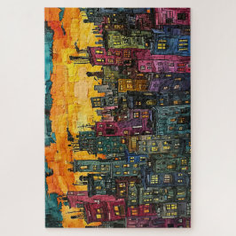 お洒落夕日の街並み – 水彩 ジグソーパズル