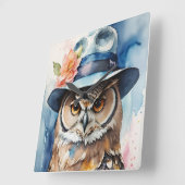 お洒落帽子のフクロウ スクエア壁時計 (傾斜)