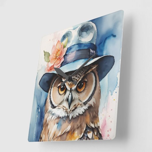 お洒落帽子のフクロウ スクエア壁時計 (傾斜)