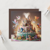 お洒落幻想的ユニコーン&キャッスルお誕生日ケーキ カード (正面/裏面インサイチュ)