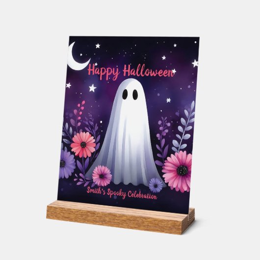 お洒落幽霊とフローラ不気味ピンクパープル アクリルサイン (傾斜)