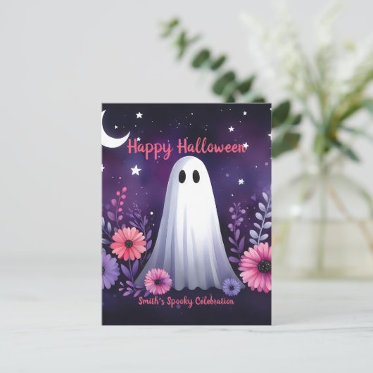お洒落幽霊とフローラ不気味ピンクパープル ポストカード (スタンド正面)
