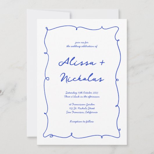 お洒落手描き縁ど青モノグ結婚ラム 招待状 (正面)