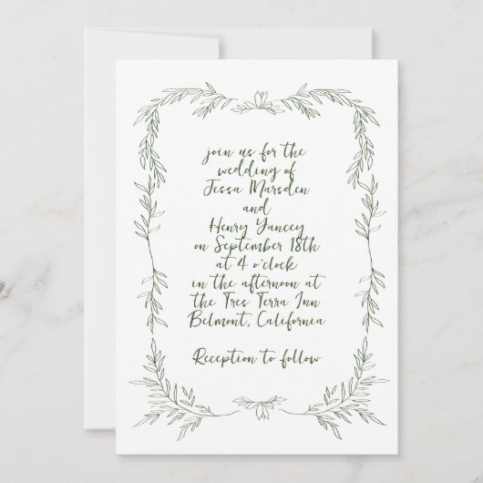 お洒落手書きアイビーフレーム結婚植物体 招待状 (正面)