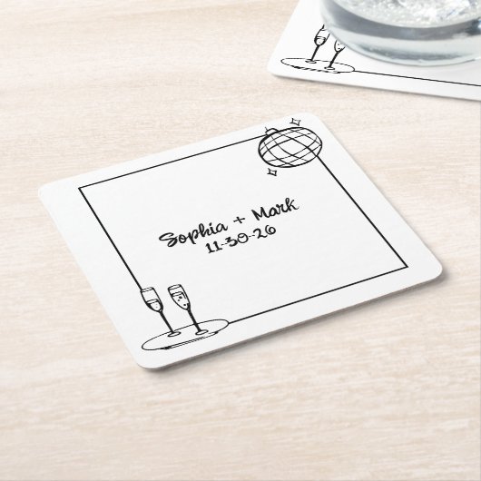 お洒落手書きディスコパーソナライズされた結婚ズ スクエアペーパーコースター (アングル)
