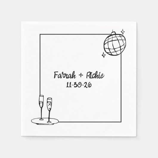 お洒落手書きディスコパーソナライズされた結婚ズ スタンダードカクテルナプキン (正面)