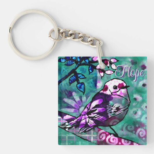 お洒落抽象芸術バードティール（緑がかった色）パープルフローラホープ キーホルダー (正面)