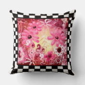 お洒落抽象芸術フローラピンク赤チェッ縁どク クッション (正面)