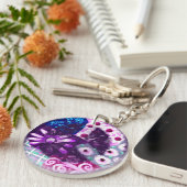 お洒落抽象芸術平和サインフローラ紫ピンク キーホルダー (正面右)