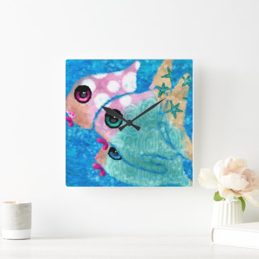 お洒落抽象芸術魚ビーチ航海のティール(緑がかった色)ピンク スクエア壁時計 (ホーム)