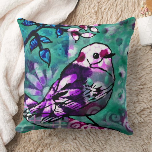 お洒落抽象芸術鳥フローラティール(緑がかった色)紫 クッション (ブランケット)