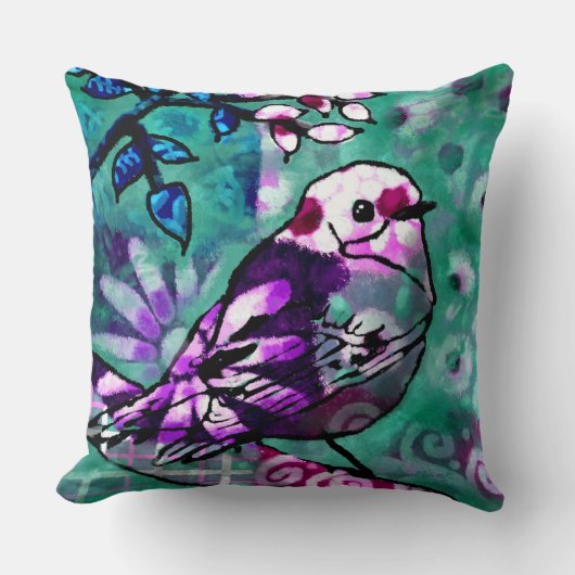 お洒落抽象芸術鳥フローラティール(緑がかった色)紫 クッション (正面)