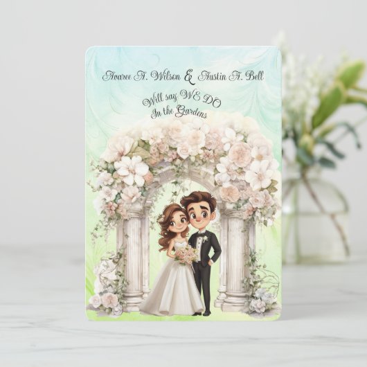 お洒落新婦結婚アーチブルーグリーン 招待状 (スタンド正面)