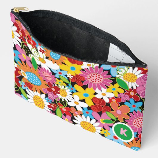 お洒落春の花カラフルガーデンモノグラム アクセサリーポーチ (見開き)
