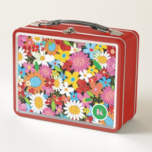 お洒落春の花カラフルガーデンモノグラム メタルランチボックス (正面)
