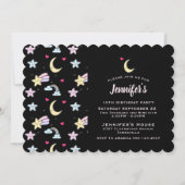 お洒落月、星、雲の黒い誕生日 招待状 (正面)